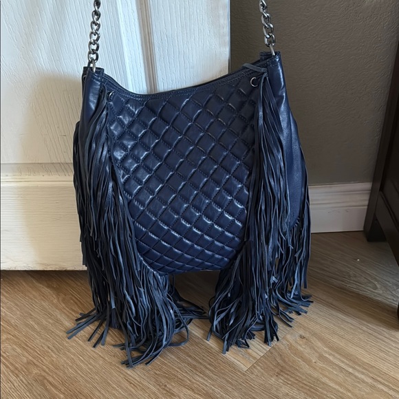 Fringed Quilted Blue Shoulder Bag